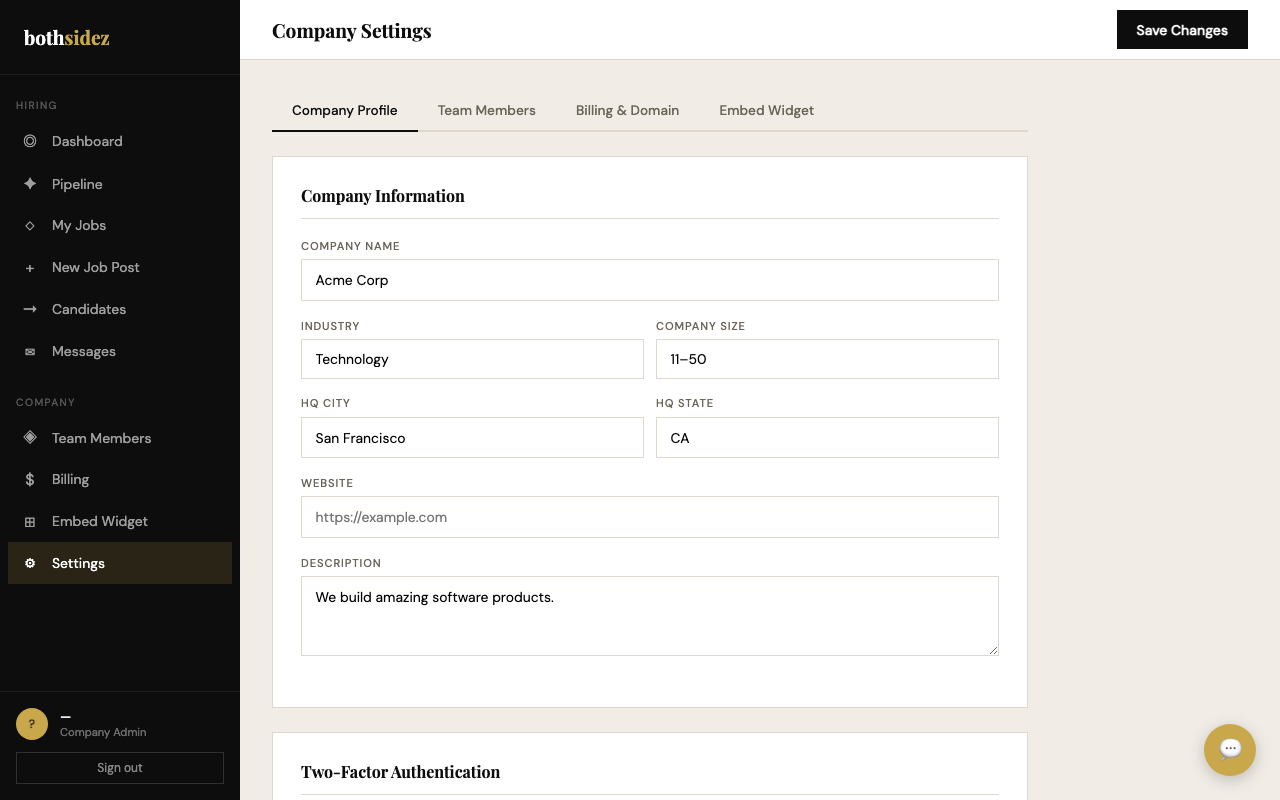 Company settings page